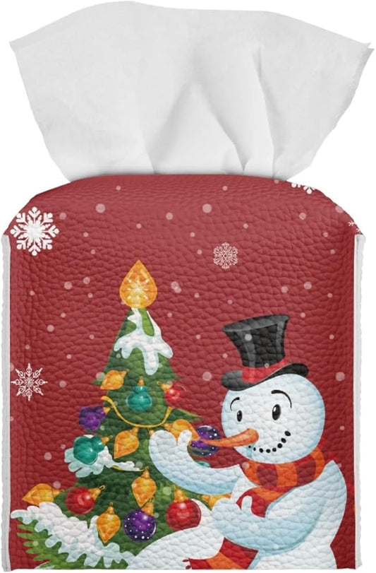 Christmas Tree Tissue Box Holder Square Snowman Print Tissue Holder Organizer Modern Napkin Cover for Bedroom Dresser Night Stand Office Desk PU Leather Decor