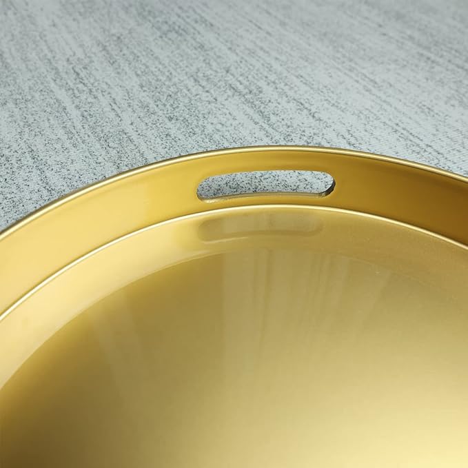 Spsyrine Round Gold Decorative Tray, 13" Plastic Serving Table Tray with Handles for Breakfast, Round Modern Ottoman Tray for Coffee Table, Bathroom, Kitchen, Living Room