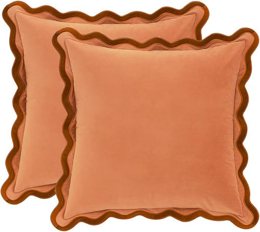 MONDAY MOOSE Decorative Throw Pillow Covers Cushion Cases, Set of 2 Soft Velvet Scalloped Wavy Edge Designs, Mix and Match for Home Decor, Pillow Inserts Not Included (Rust/Coral, 16x16 inch)