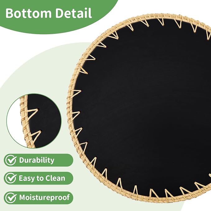 Round Rattan Tray with Mother of Pearl Inlay, Decorative Rattan Serving Tray for Home Boho Decor, Coffee Table, Bread, Food, Tea Ottoman Trays, Fruit Wicker Basket,100% Natural Materials Green- 12"