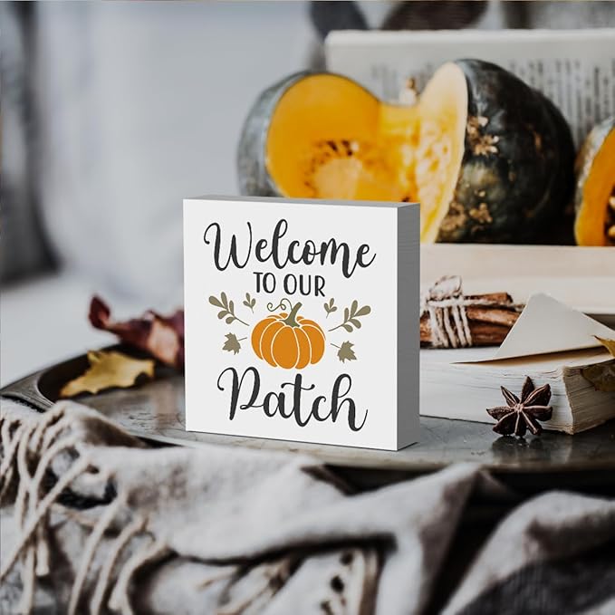 HTBIG Fall Wooden Box Sign, 5.1 X 5.1 Inch Pumpkin Autumn Wood Sign for Tiered Tray, Home Living Room Harvest Day Thanksgiving Tabletop Decor - Welcome to Our Pumpkin Patch