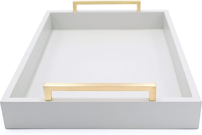 Decorative Coffee Table Tray - Ottoman Tray - Breakfast, Drinks, Liquor Serving Platter - from Farmhouse to Modern - Matte Finish - Champagne Gold Handles - Harbor Gray