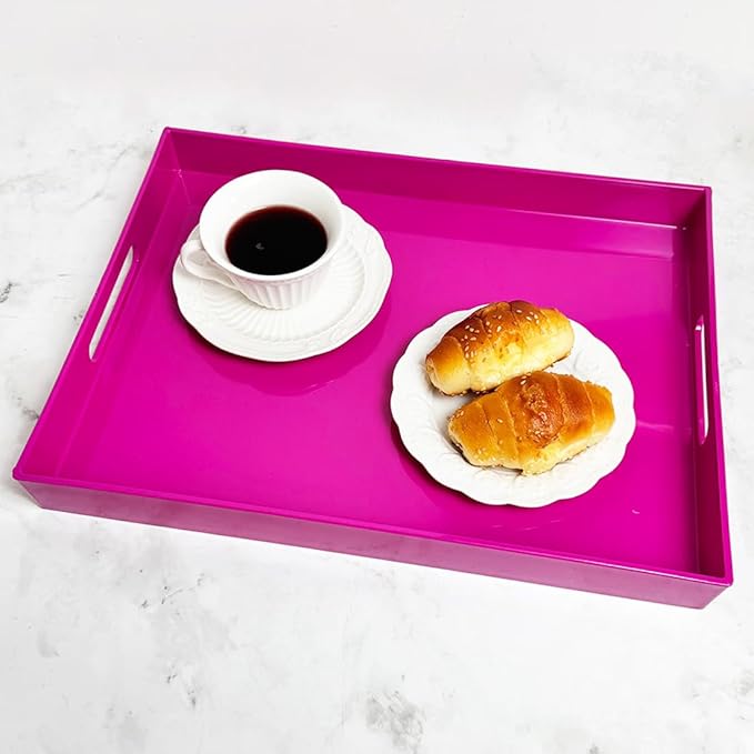 Large Decorative Tray, Rectangular Serving Tray with Handles, Plastic Coffee Table Tray for Ottoman, Living Room, Kitchen Tabletop, Rose Pink, 15.7” x 11.8” x1.6”