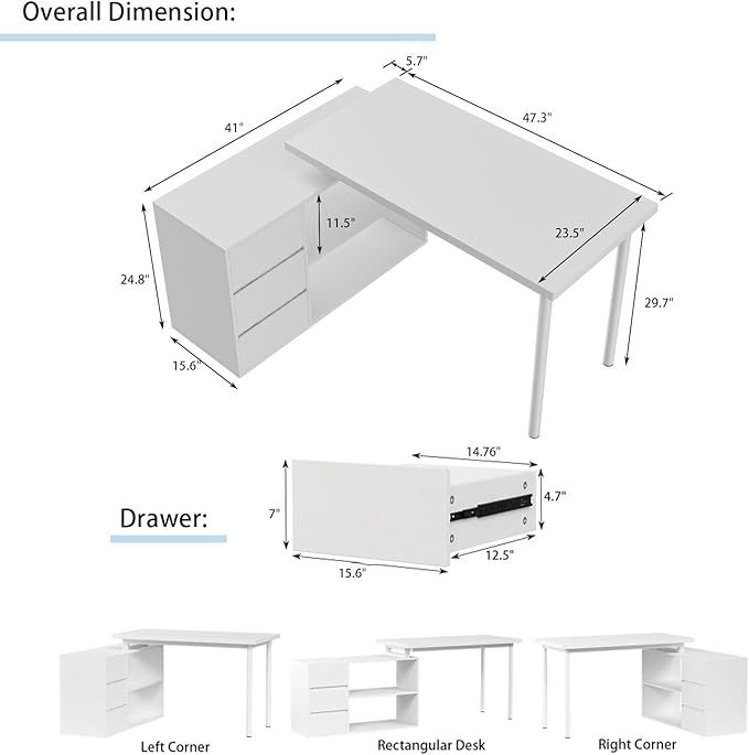 L Shape Computer Desk with 3 Drawers and 2 Shelves, Home Office Desk Corner Small Desk with Storage Cabinet for Writing Study Executive – White