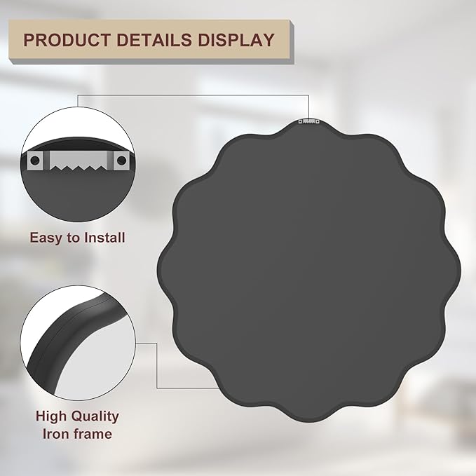PROHOMEWARE Black Round Mirror 36 Inch Wavy Bathroom Vanity Mirror Black Frame Modern Wall Mirror Decorative Wall-Mounte Anti-Rust, Tempered Glass