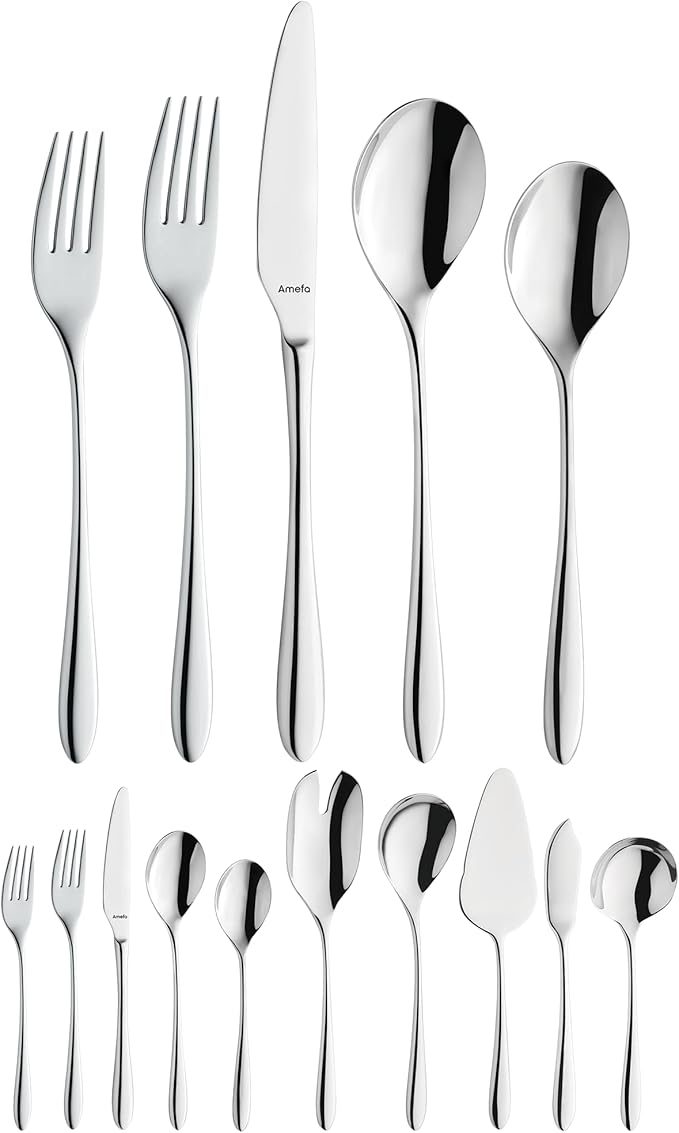 Amefa 45-Piece Silverware Flatware Cutlery Set Service for 8, Durable 18/10 Stainless Steel High Gloss Mirror Finish, tableware in Ergonomic Design Size and Weight, Dishwasher Safe (Cuba)