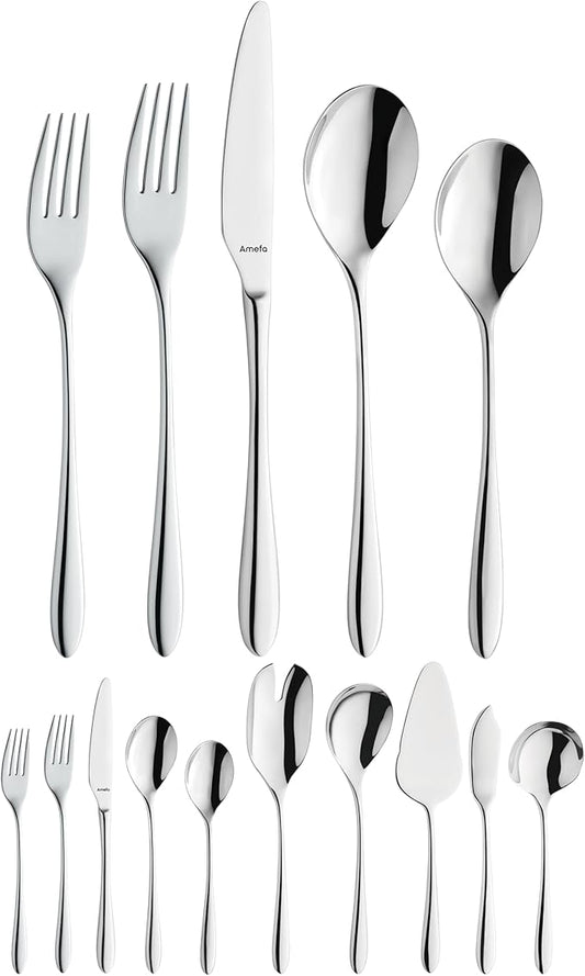 Amefa 45-Piece Silverware Flatware Cutlery Set Service for 8, Durable 18/10 Stainless Steel High Gloss Mirror Finish, tableware in Ergonomic Design Size and Weight, Dishwasher Safe (Cuba)