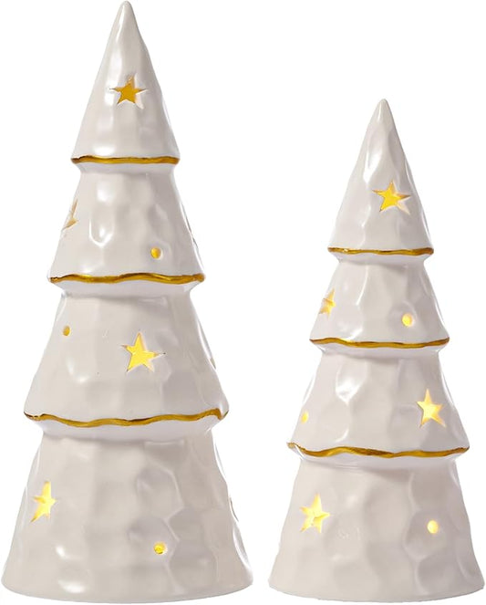 DN DECONATION White Christmas Ceramic Tree with Lights, Prelit Porcelain Tabletop Xmas Trees, 2Pcs Battery-Operated Christmas Tree Figurines for Christmas Mantel Desk Table Centerpieces Decor