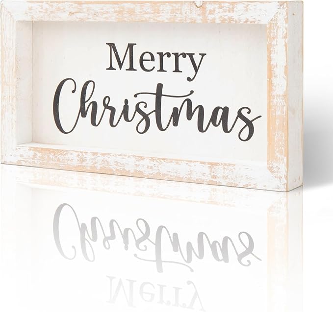 Merry Christmas Wooden Tabletop Sign, Festive Wood Decor for Christmas Desk,Shelf,Tray,Fireplace.Christmas Wood Block Sign(White)