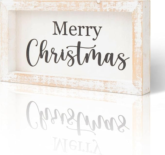 Merry Christmas Wooden Tabletop Sign, Festive Wood Decor for Christmas Desk,Shelf,Tray,Fireplace.Christmas Wood Block Sign(White)