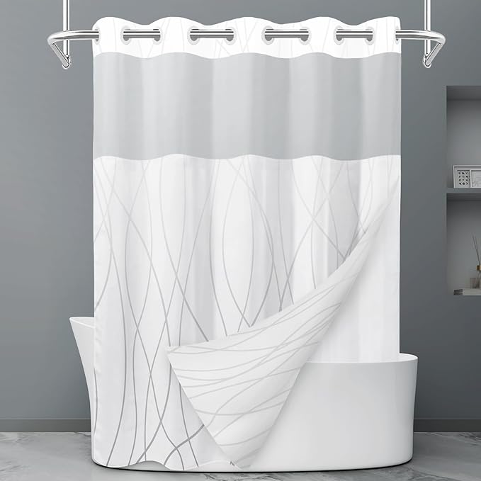 No Hook Ombre Grey White Striped Shower Curtain with Snap in Liner Set - Hotel Shower Curtain and Liner Set with See Through Mesh Top Window,Machine Washable, 71x74 INCH