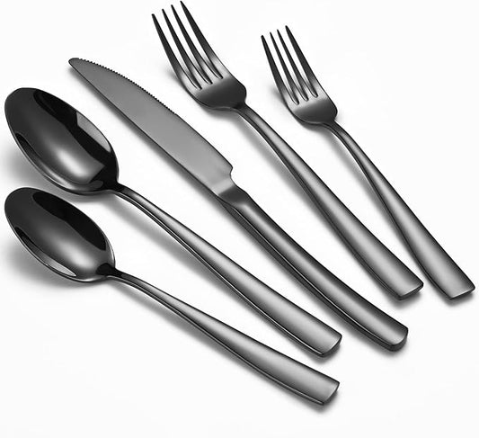 40-Piece Black Silverware Set, Heavy Duty Stainless Steel Flatware Cutlery Set Service for 8, Food-Grade Utensil Sets for Home Restaurant, Dishwasher Safe