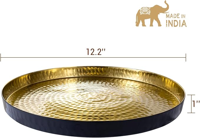 MyGift 12 Inch Round Decorative Platter, Gold Tone Plated Hammered Aluminum with Matte Black Accent Serving Plate, Centerpiece Base or Vanity Tray - Handcrafted in India