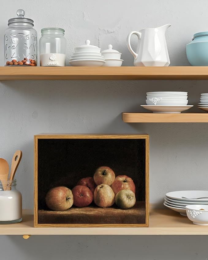 VIYYIEA Vintage Framed Apple Wall Art, Kitchen Bedroom Dining Room Fruit Art Decor, Still life of apples Canvas Print Paintings, French Country Home Farmhouse Dark Decor, 8x10 Inch