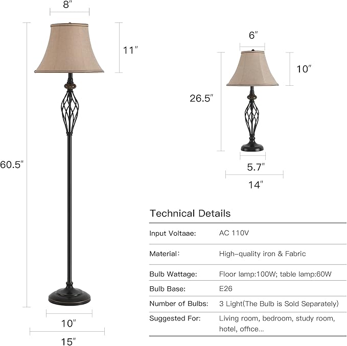 3 Pack Lamp Set, Living Room Lamp Set with Vintage Brown Fabric Shades, Bronze Finish, Solid Iron