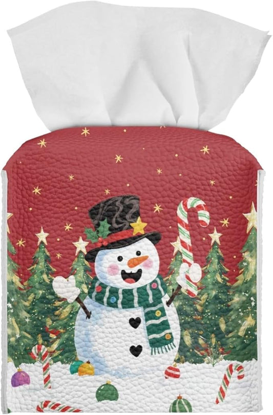 Christmas Tissue Box Cover Square Facial Tissue Holder Storage for Bedroom Bathroom Night Stand Car Modern Home Decorative with Buttons Cute Snowman Napkin Case Covers