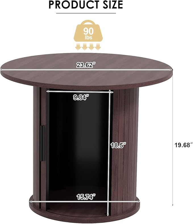 Round Wood Coffee Table 23.6IN with Hidden Storage & Sliding Door, Circle Farmhouse Side Table Sets for Living Room, Bedroom, Balcony, Small Spaces, Walnut