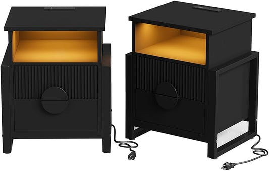 LGHM Set of 2 Large Fluted Nightstand with Charger Station Lights,20.47" W Night Stand with 2 Drawers, Accent Bedside Table and End Table,Semicylinder Drawer Front,Stable Raising Legs,Black