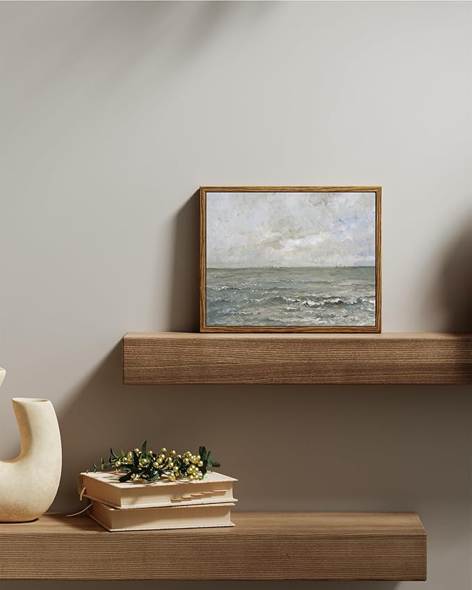 VIYYIEA Ocean Landscape Framed Wall Art, Seascape Vintage Paintings Art Decor Aesthetic, Canvas Print Artwork, Calming Sea Wall Pictures for Bedroom Bathroom Office, 8x10 Inch