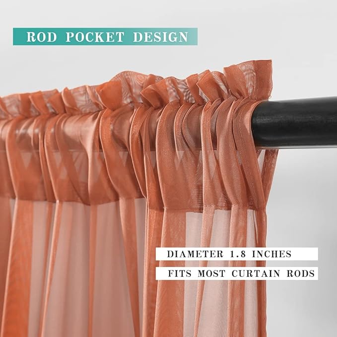 MIULEE Short Sheer Curtains 24 Inch Length for Kitchen Bathroom Cafe Half Window Treatment, Terracotta Rod Pocket Tier Fall Curtains 2 Panels 29x24 Inches Long, Burnt Orange