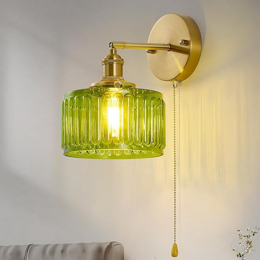 Vintage Wall Sconces with Pullswitch, 180 Degree Adjustable, Hradwired Modern Wall Lighting Fixture with Green Pumpkin Glass Lampshade for Bedroom Bedside Bathroom