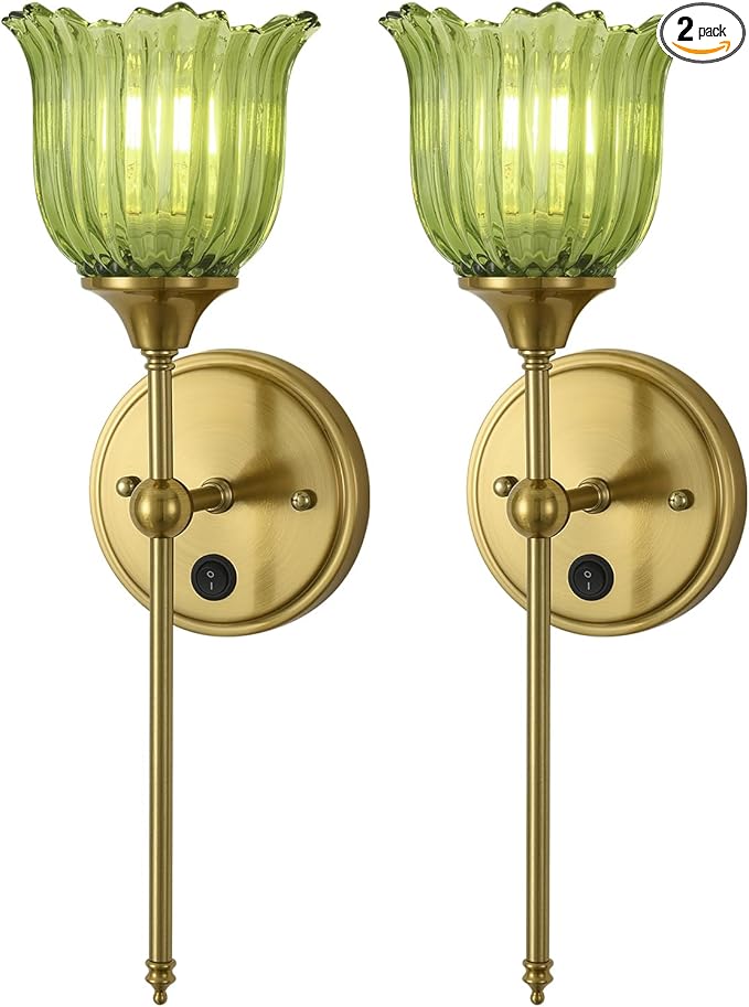 Modern Wall Sconces Set of 2 with Green Flower Glass Shade, Mid Century Bathroom Vanity Wall Light Fixtures Gold Vintage Wall Lights with Switch for Mirror Bedroom Living Room