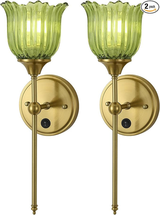 Modern Wall Sconces Set of 2 with Green Flower Glass Shade, Mid Century Bathroom Vanity Wall Light Fixtures Gold Vintage Wall Lights with Switch for Mirror Bedroom Living Room