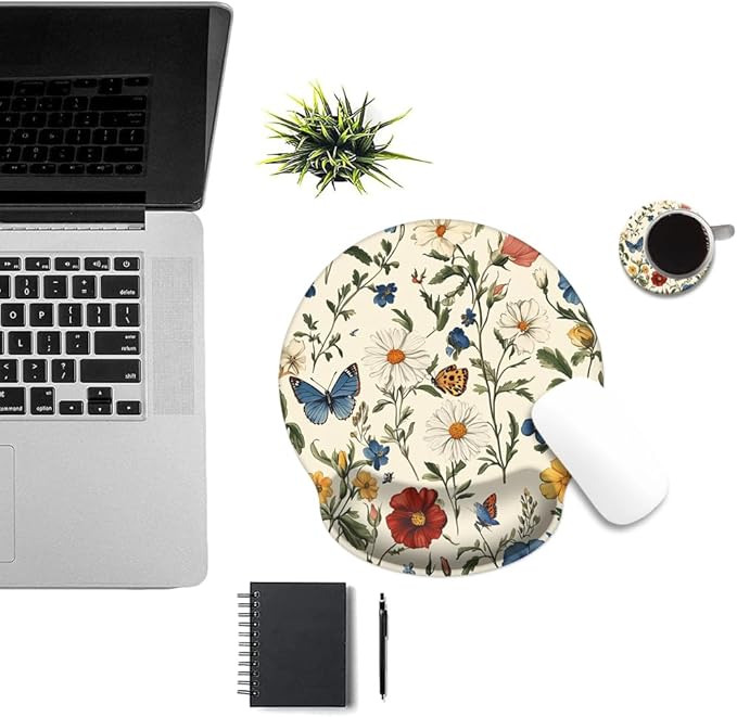 Mouse Pad with Wrist Support, Ergonomic Mouse Pad with Memory Foam Wrist Rest Cushion, Non-Slip Rubber Base Gaming Mice Pad for Home Office Computer Laptop,Floral Butterfly