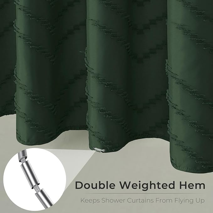 Dark Green Boho Shower Curtain 72 x 72 Inches Woven Fabric Shower Curtain Tufted Chervon Textured Shower Curtains Modern Minimalist Shower Curtains for Bathroom