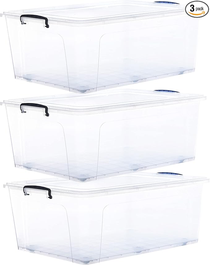 Superio Storage Containers With Wheels (3 Pack), Stackable Large Storage Containers With Lids, Durable Latches (32 Qt)