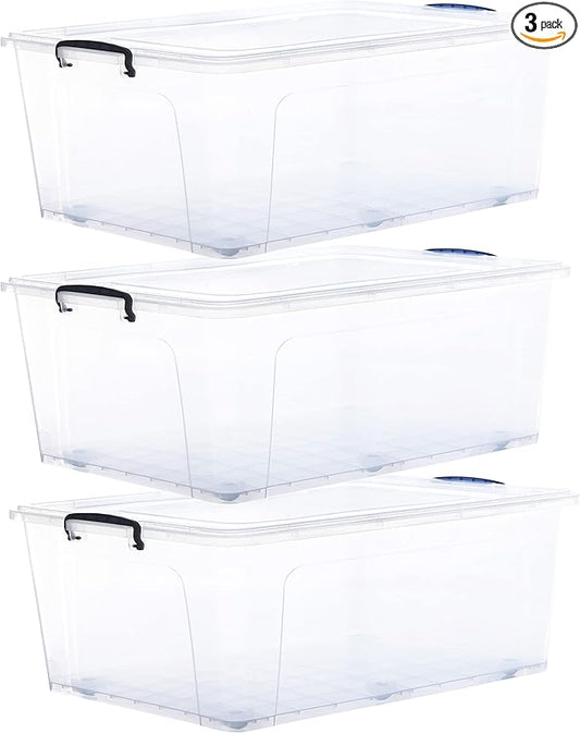 Superio Storage Containers With Wheels (3 Pack), Stackable Large Storage Containers With Lids, Durable Latches (32 Qt)