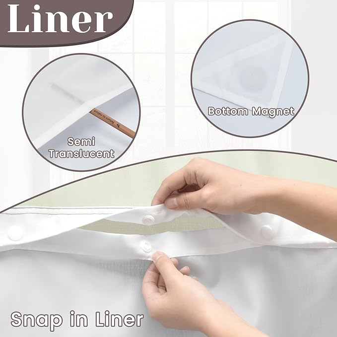 No Hook Slub Textured Shower Curtain with Snap in Liner - Sand Fabric Outer Curtain & Waterproof Inner Liner, Hotel Style with See Through Top Window, 71x74 in