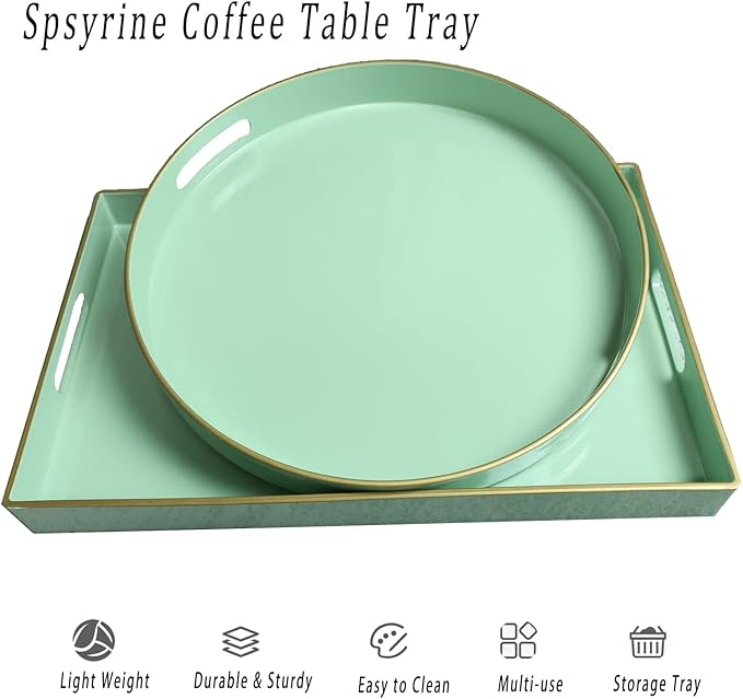 Spsyrine Round Green Plastic Decorative Tray, 13'' Modern Tray with Handles, Marble Pattern, for Breakfast, Coffee Table, Bathroom, Kitchen, Living Room