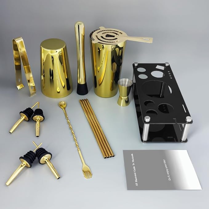 Professional Cocktail Shaker Set with Stand Cocktail Recipes, 15-Piece 750/600ml Bartender Kit, Bar Sets Bartending Kit Bar Tool Set 25/20oz Boston Shakers, Jigger, Muddler (Gold)