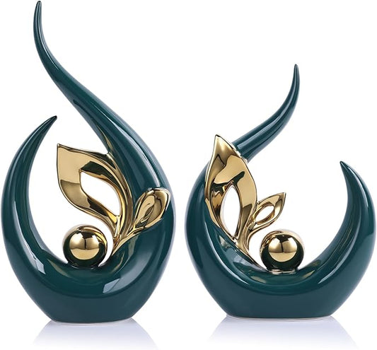 13" H Green Gold Abstract Sculptures Home Decor, Ceramic Art Statue Cool Stuff to Put on Shelves&tv Stand Decor, Gold Accent Entertainment Center, for Fireplace Coffee Table Dining Table Decorate