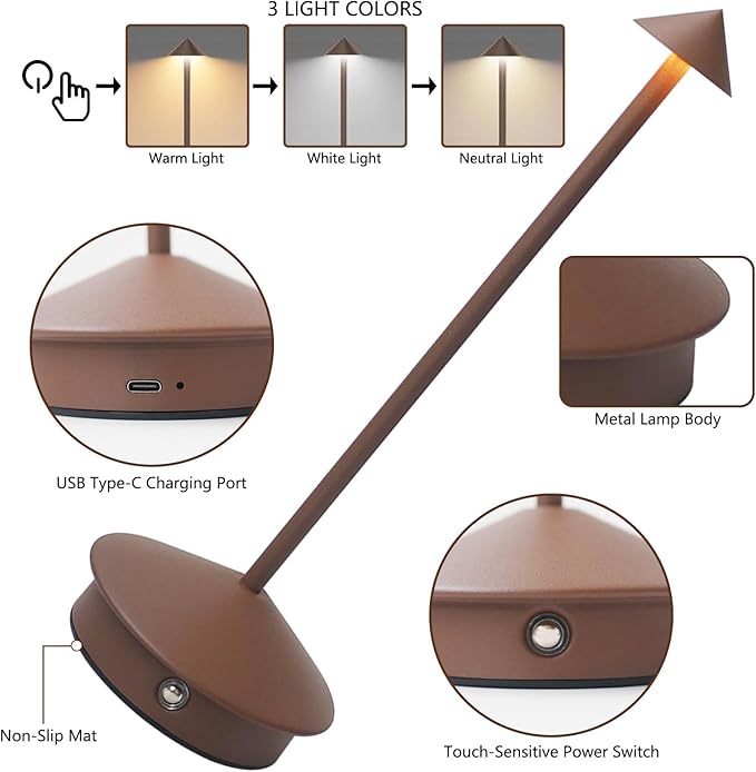 2 Pack Cordless LED Table Lamp, Rechargeable 5200mAH Battery Operated Lamp for Decor, 3 Color Stepless Dimming Desk Lamps, for Restaurant, Bedroom, Outdoor Camping, Coffee Shop, Night Light