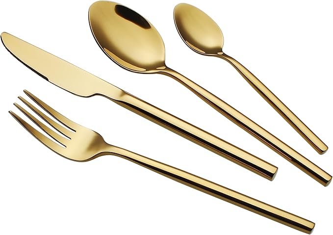 24 Piece Silverware Set For 6 Gold Heavy duty 18/10 Stainless Steel Flatware Set Modern Design Knife/Fork/Spoon Mirror Polished Dishwasher Safe Cutlery Set with Gifts