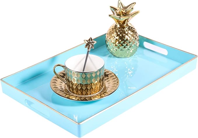 Zosenley Decorative Tray, Rectangular Plastic Tray with Handles, Modern Vanity Tray and Serving Tray for Bathroom, Kitchen, Ottoman and Coffee Table, 15.6” x 10.2”, Blue