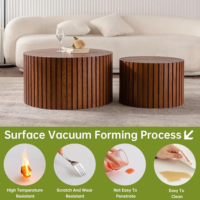 Round Nesting Coffee Table Set of 2 Small Round Coffee Tables for Living Room Modern Fluted Coffee Table Circular End Table Side Table for Small Spaces No Assembly (Brown, 27 in)