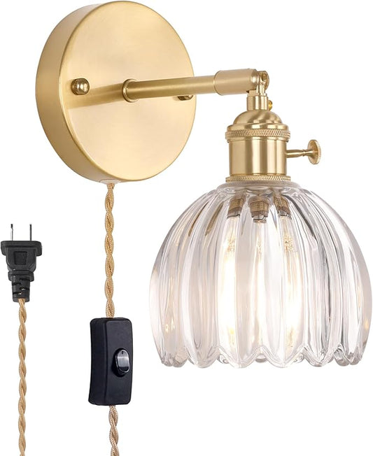 Plug in Wall Sconce, Cute Transparent Tulip Glass Lampshade Wall Light Plugin Corded for Bedside Bedroom Doorway