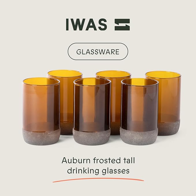IWAS Upcycled Tall Auburn Drinking Glasses | 350 ML | 12 OZ | Set of 6 | Sustainable Water and Juice Glass For Home | Light Brown Cup | Thick High Ball Modern Amber Glassware | Better Than Recycled