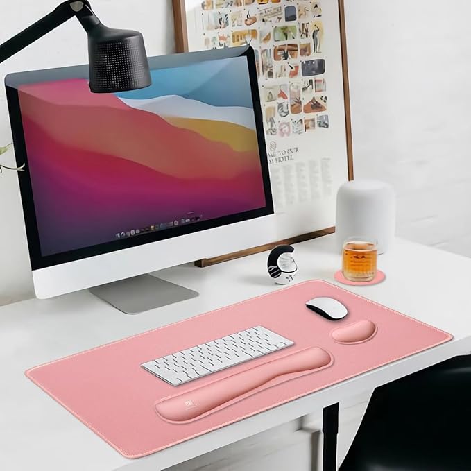 4-in-1 Large Gaming Mouse Pad, Keyboard Wrist Rest Pad & Wrist Support Mousepad Set, Extended Desk Pad Waterproof Desk Mat for Home Office Study Game-Pink