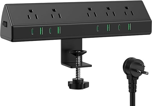 45W Fast Charging Station,Desk Clamp Power Strip,4 PD USB-C Ports,5 AC Outlets,Surge Protector Power Strip, 14AWG Heavy Duty Cord, Fits 1.9" Tabletop Edge (Black, 15 FT Cable)