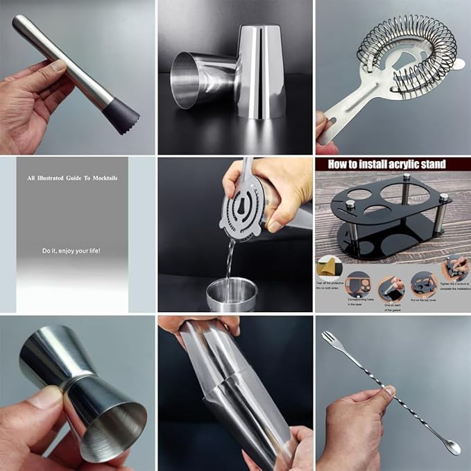 5 Piece Cocktail Shaker Bartender Kit: 750/600ml(25/20oz) Cocktail Shaker Set with Stand, Drink Mixing Includes Martini Shaker,Strainer,Jigger,Bar Mixer Spoon,Muddler Bar Tool Set (Silver)
