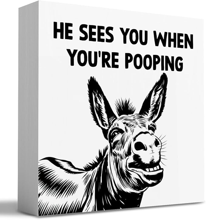 HTBIG Funny Donkey Bathroom Wooden Box Decor He Sees You when You Re Pooping Wooden Box Logo Put It on a Bathroom Corner Shelf to Create a More Cheerful Ambiance 5 x 5 Inch