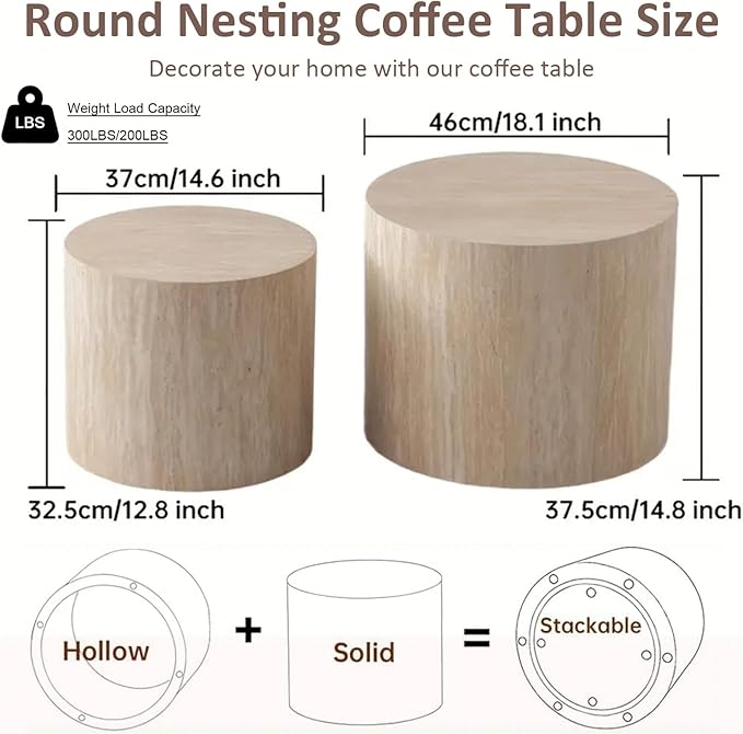Round Drum Coffee Table Travertine Nesting Coffee Table Set of 2 for Living Room Modern Luxury Wood Side Tables Stacking Accent End Table for Apartment,Travertine