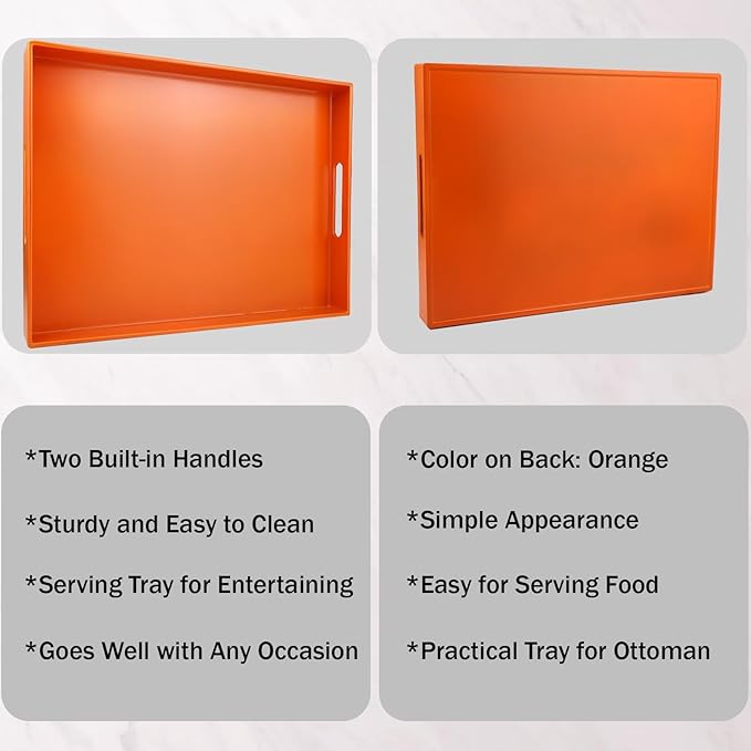 Ornage Serving Tray for Coffee Table, Rectangular Plastic Decorative Tray with Handles for Entertaining, Outdoor Patio, Living Room, Ottoman, Bathroom Counter, 11.8”*15.7”*1.6”