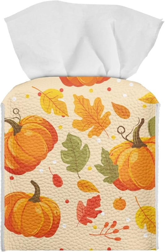 Pumpkin Maple Leaf Tissue Box Holder Square Tissue Holder Organizer Modern Napkin Cover for Bedroom Dresser Night Stand Office Desk PU Leather Decorative Organizer Thanksgiving Home Decor