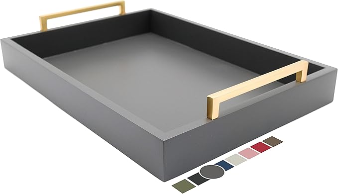 Decorative Coffee Table Tray - Ottoman Tray - Breakfast, Drinks, Liquor Serving Tray - from Farmhouse to Modern - Matte Finish - Brushed Champagne Gold Handles - Charcoal