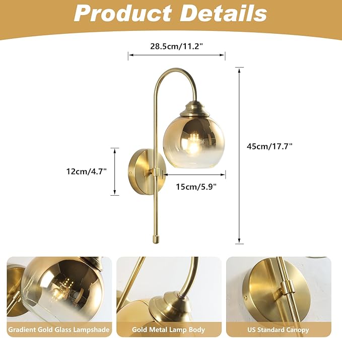 KCO Lighting Brass Wall Sconces Vintage Rose Gold Armed Sconce Mid Century Modern Long Sconces Wall Lighting Indoor Large Glass Globe Wall Sconce Bathroom Vanity Wall Light for Bedroom